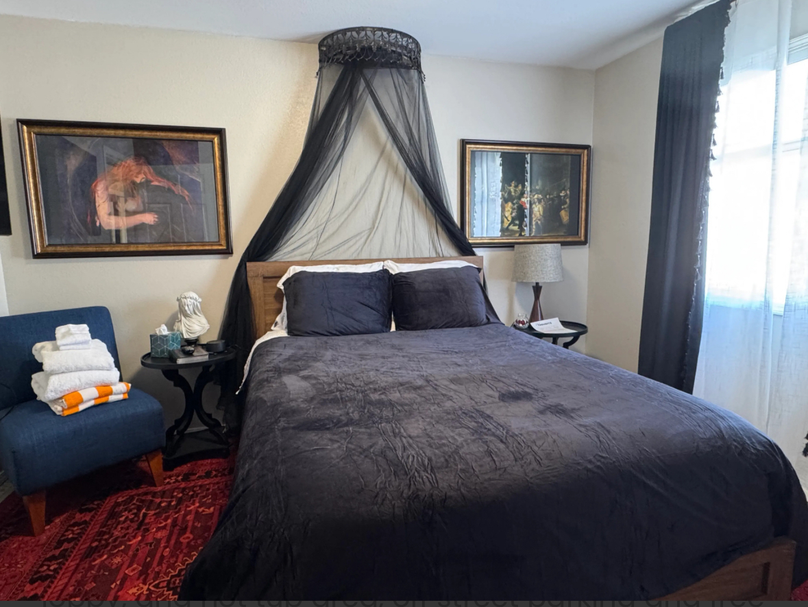 Dracula gothic king room with black canopy bed at LibraryInn, Lava Hot Springs Idaho